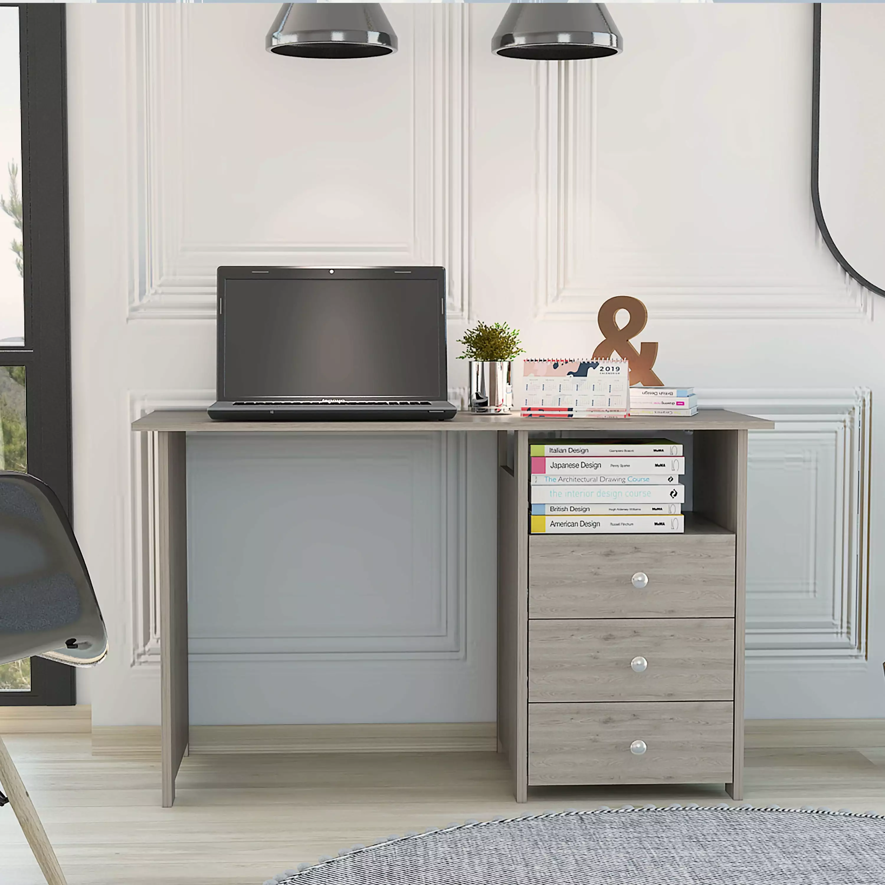 3 Drawers Computer Desk Open Storage Cabinet Modern Office Workstation SMHZ