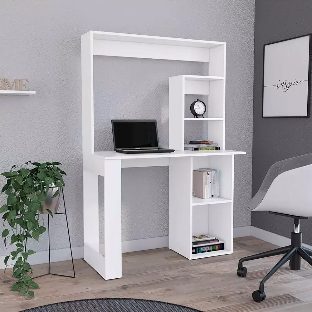 White Writing Computer Desk Storage Shelves and Hutch Home Office Furniture SMHZ