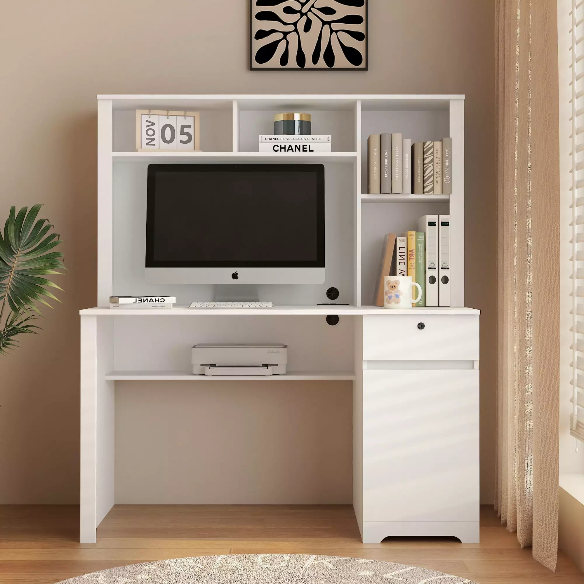 Wood Executive Computer Desk Hutch Bookshelf 3 Outlets 2 USB Ports Home Office SMHZ