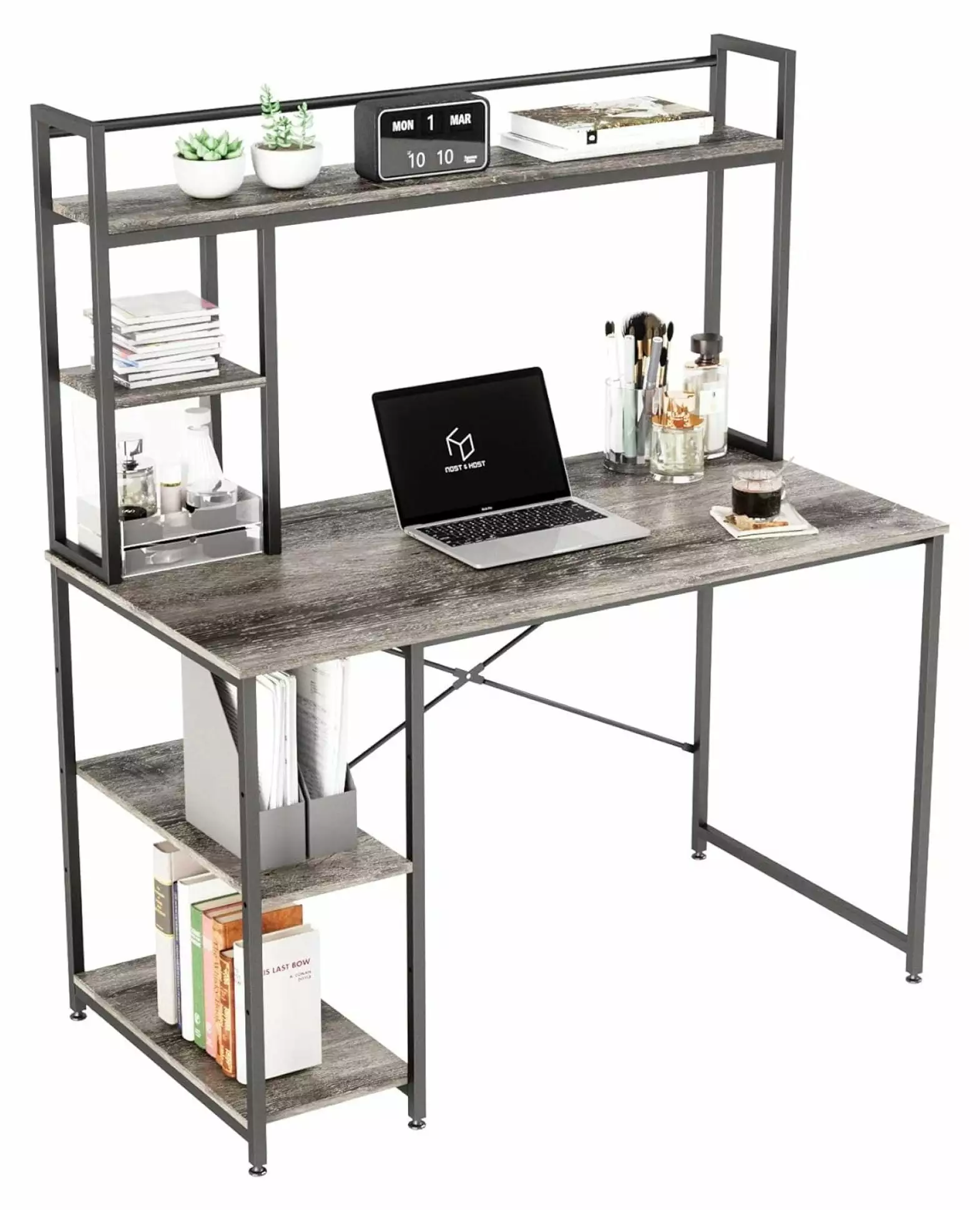 Superwum Computer Desk Hutch Bookshelf Home Office Desks 2-Tier Adjustable Shelves Gray