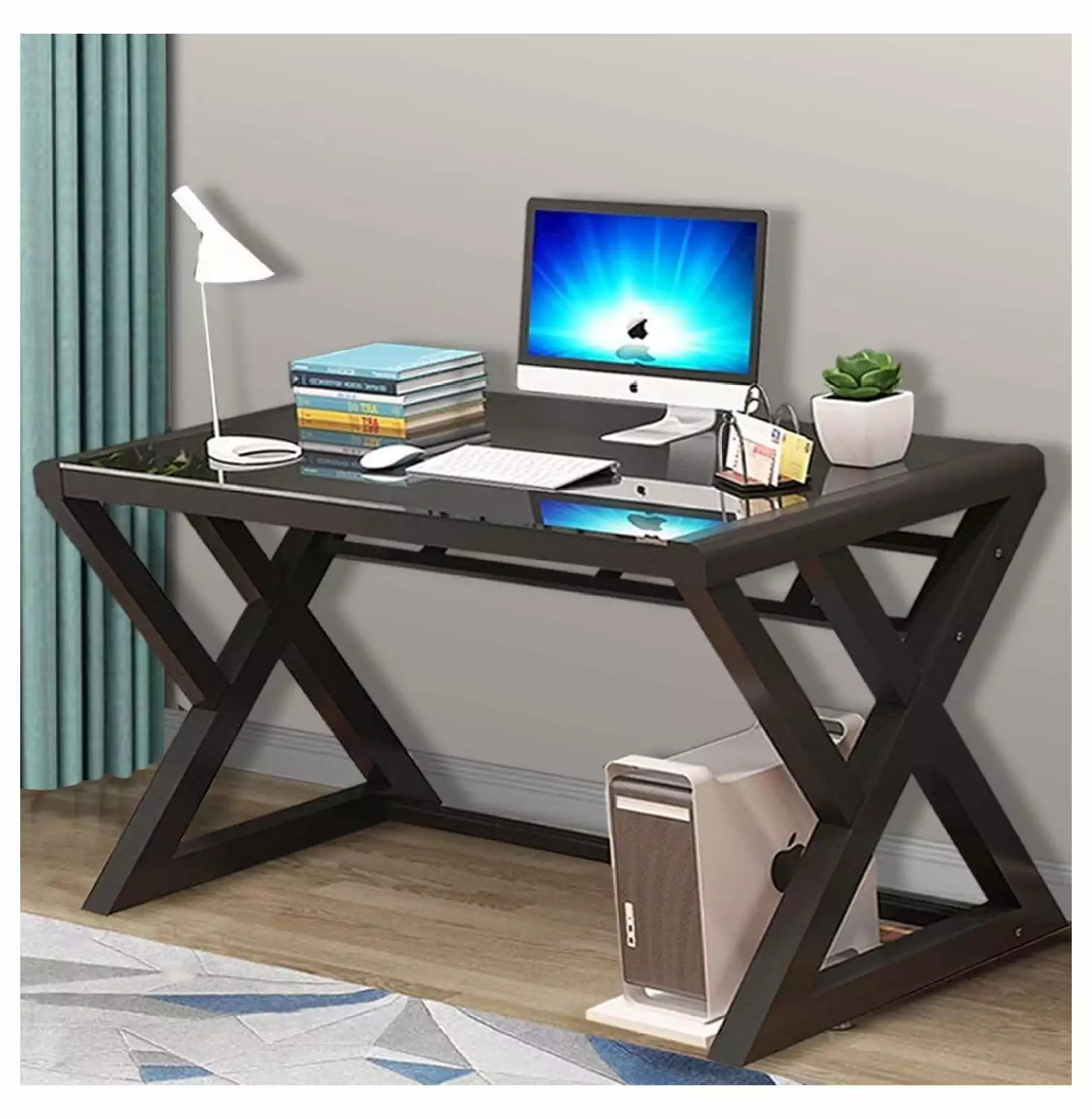 Superwum Glass Top Computer Desk Black Modern Office Gaming Desk 55.1 Inch