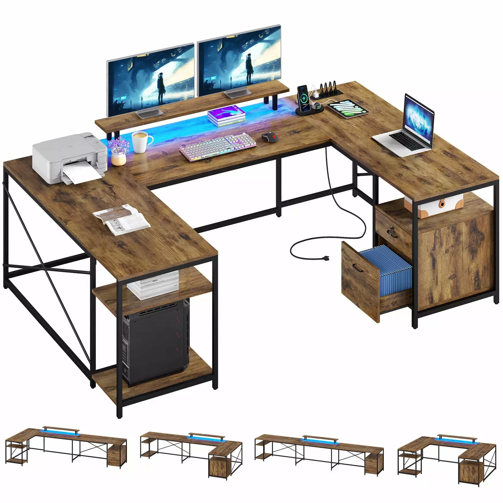 78.7 U Shaped Desk LED Reversible Computer Desk File Drawer Power Outlet Taus