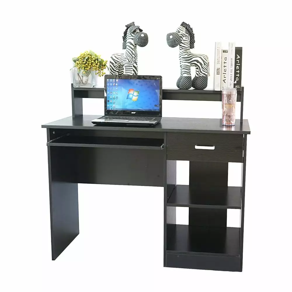 Tcbosik Modern Black Wood Home Office Computer Desk Drawer Shelf Keyboard Slide Study Table