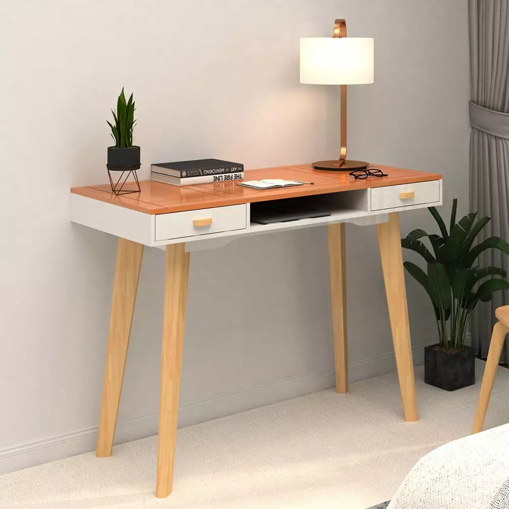 Tcbosik Modern Computer Desk 2 Drawers Wooden Makeup Dressing Table 42.52L x 19.69W x 29.53H Natural White