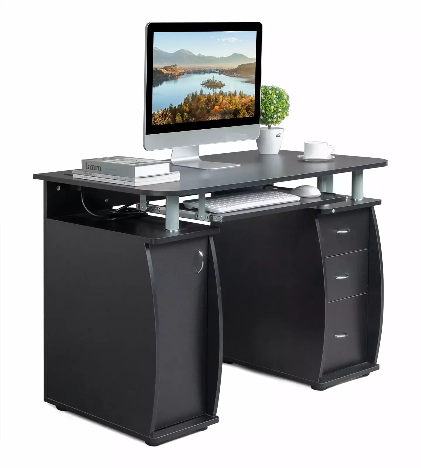 Tcbosik Modern Computer Table USB Port and Two Sockets Home Office Workstation Shelf and Keyboard Tray