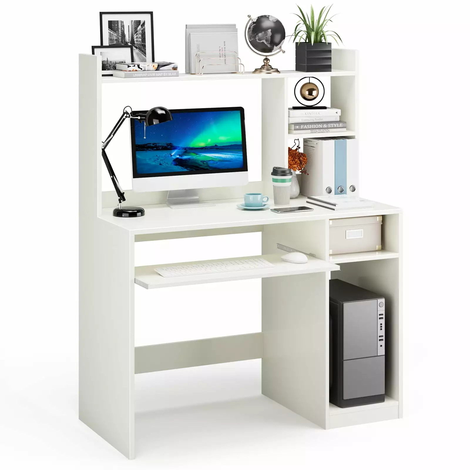Topbuy Computer Desk Storage Shelf Hutch Office Desk CPU Stand Keyboard Tray Wooden Writing Desk