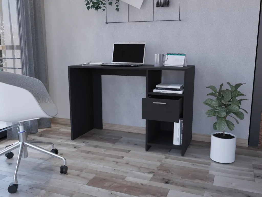 Computer Desk Odessa Black Single Drawer and Open Storage Cabinets treevol furniture