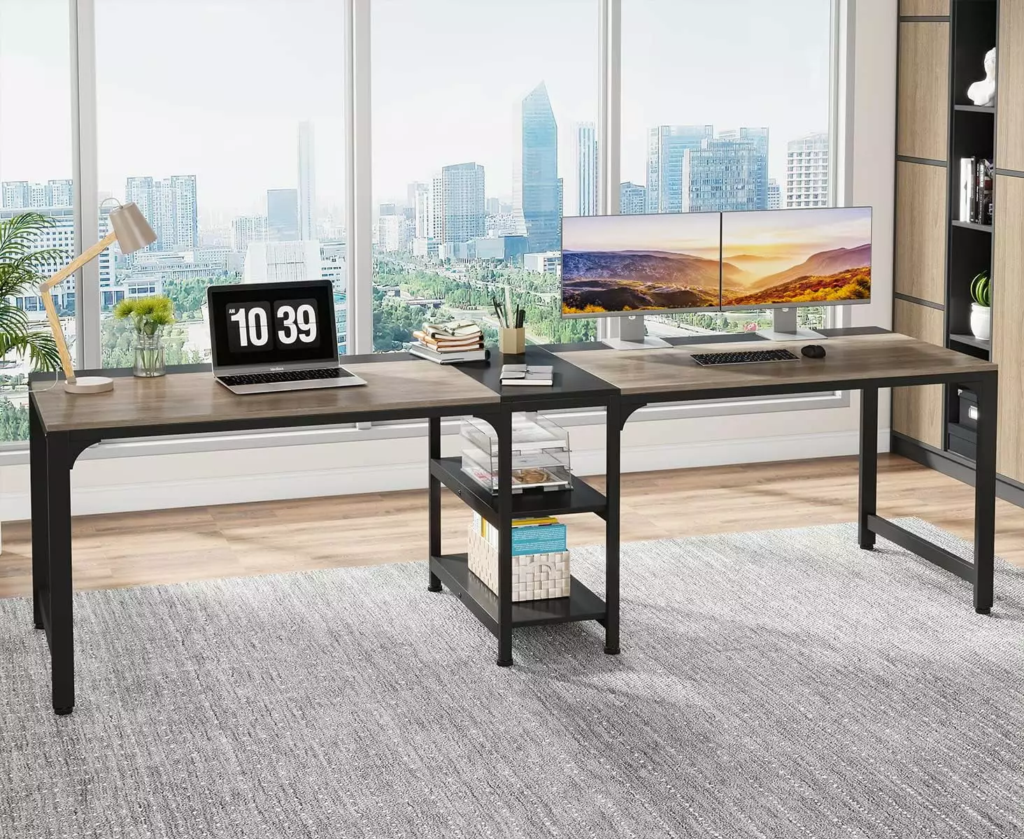 Tribesigns 90.55-Inch Double-Person Computer Desk Shelves Long Dual-Person Home Office Desk