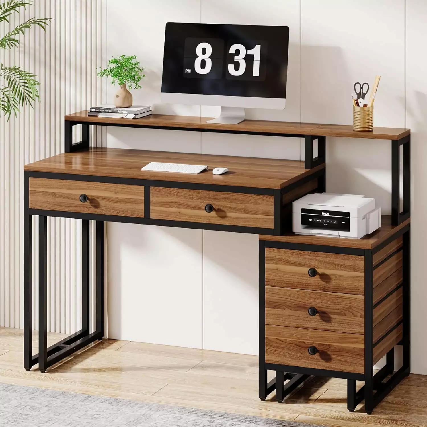 Tribesigns Computer Desk 5 Drawers Industrial Office Desk Printer Stand and Monitor Stand