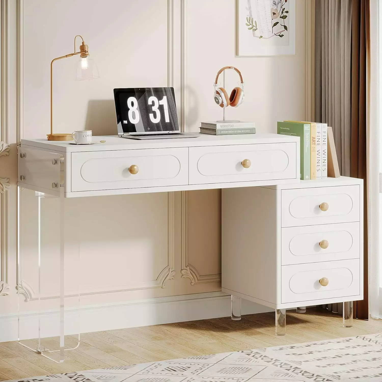 Tribesigns Computer Desk 5 Drawers Modern PC Desk Transparent Acrylic Base Extendable Study Writing Table