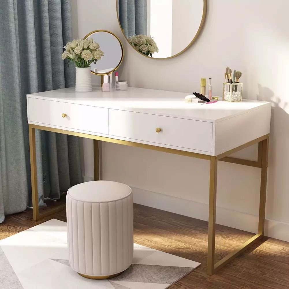 TribeSigns Computer Desk Modern Simple 47 Inch Home Office Desk 2 Drawers White Gold