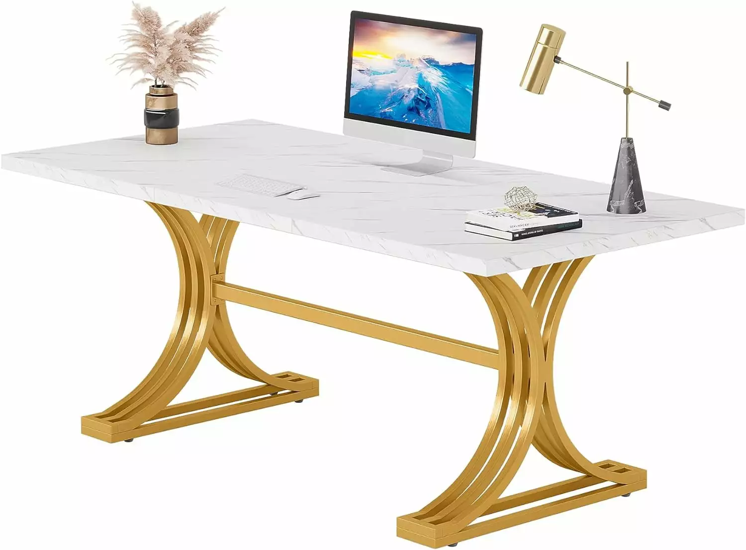 Tribesigns 63 Inch Computer Desk Faux Marble Tabletop and Stylish Metal Legs