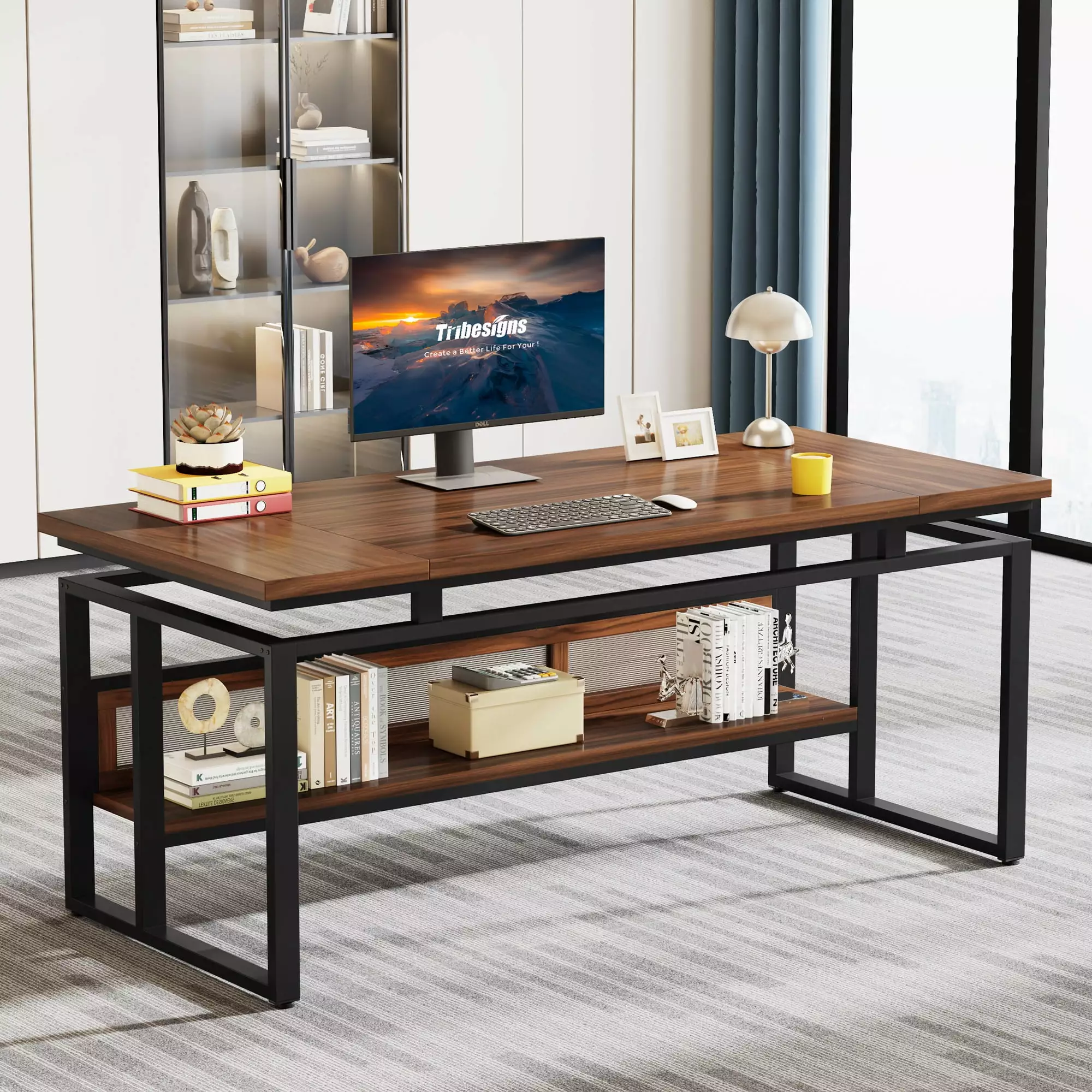 Tribesigns 63 Inch Executive Desk - Large Computer Office Desk Storage Shelf - Modern Workstation