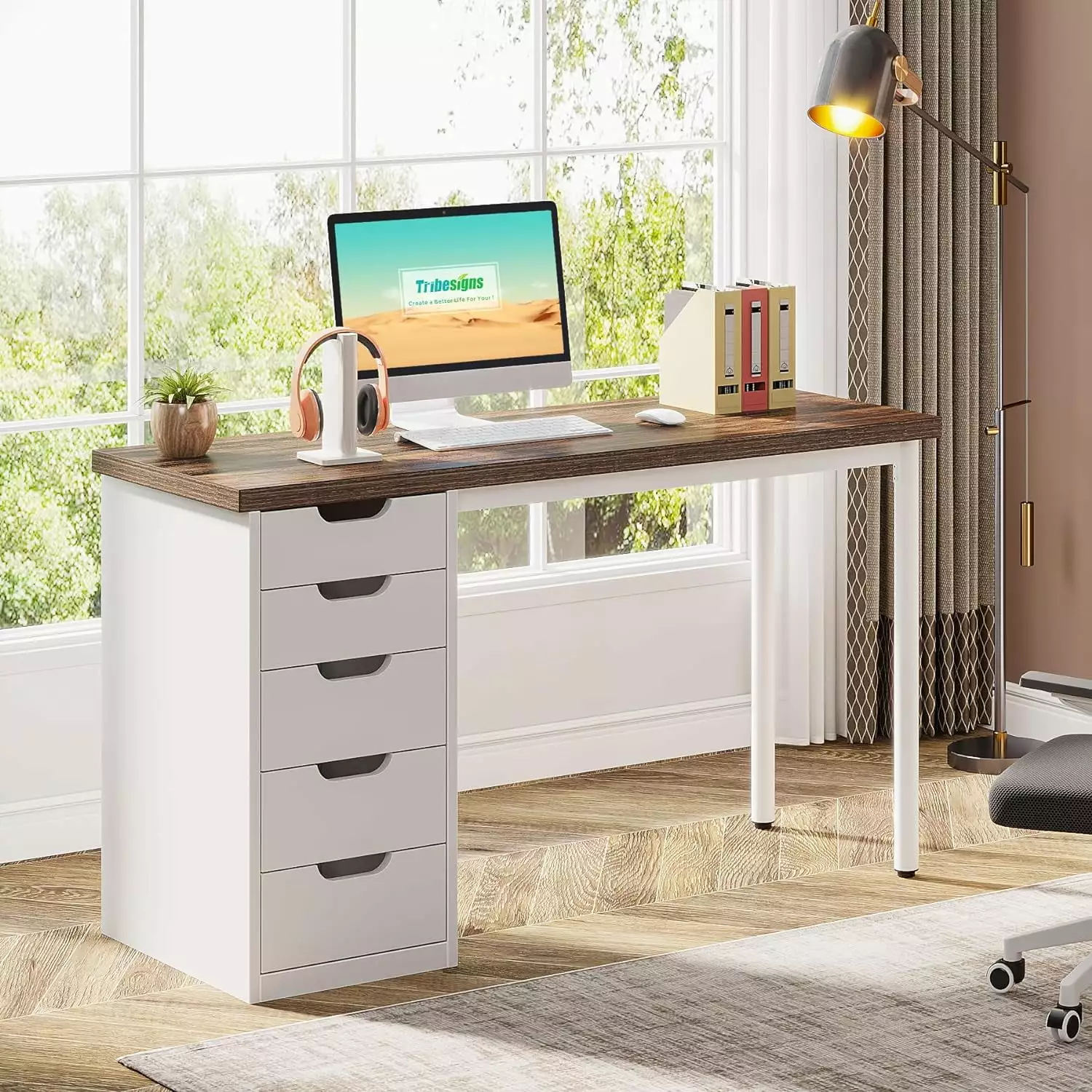 Tribesigns Modern Computer Desk 5 Drawers 47 Brown Home Office Desk Storage Adult