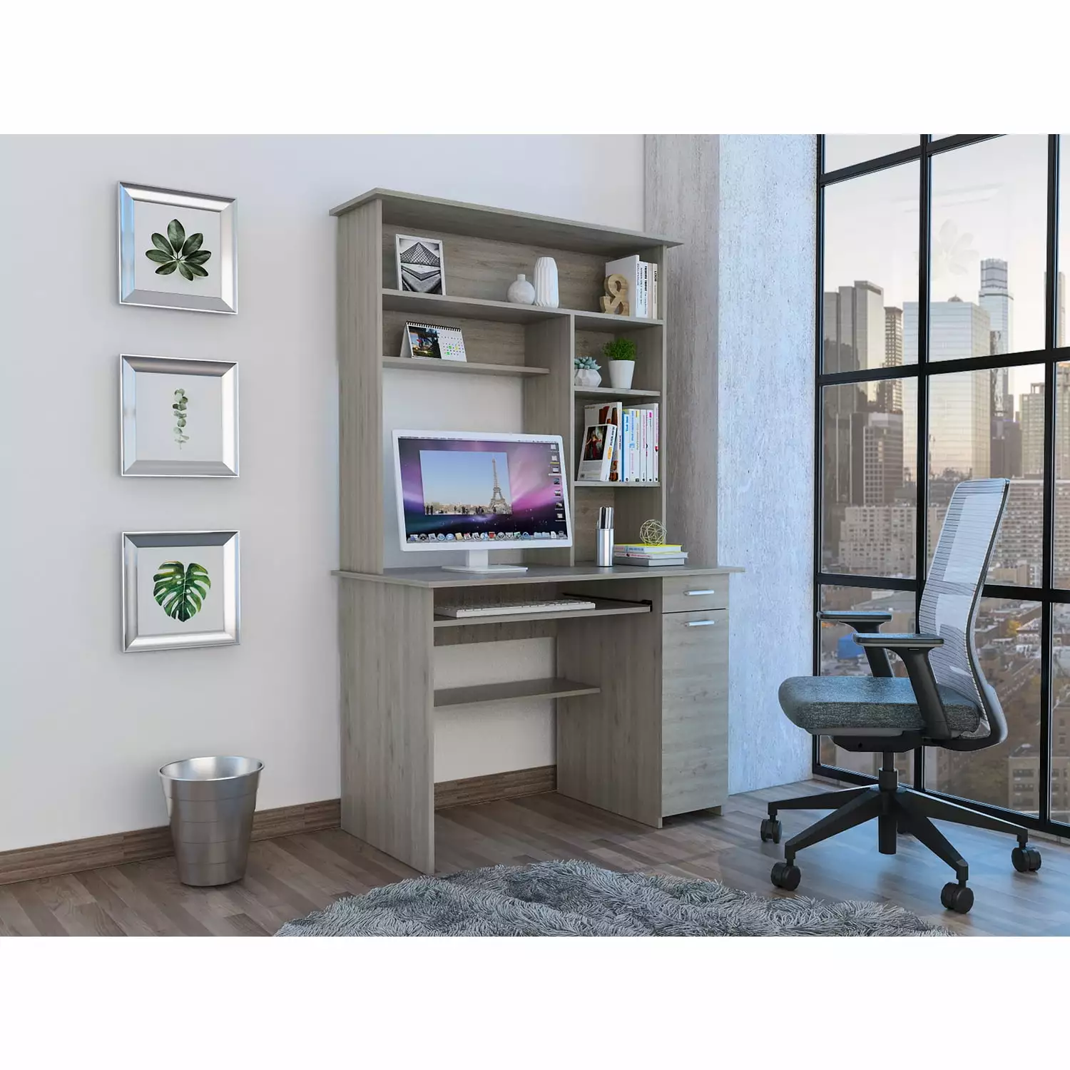 TUHOME Compu 180 Desk Hutch Light Grey Modern Home Office Workstation
