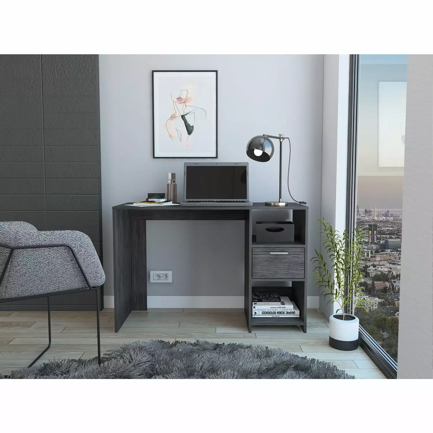 TUHOME Storm Computer Desk Smokey Oak Modern Home Office Desk Sturdy Frame