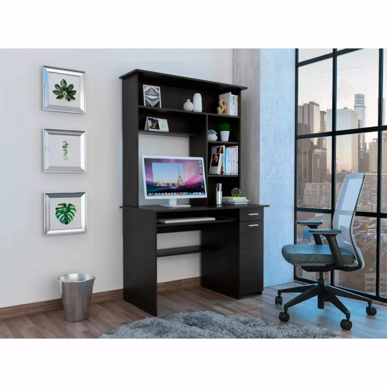 Compu 180 Hutch Desk Shelves Keyboard Tray CPU Panel and Drawer - Black unknown