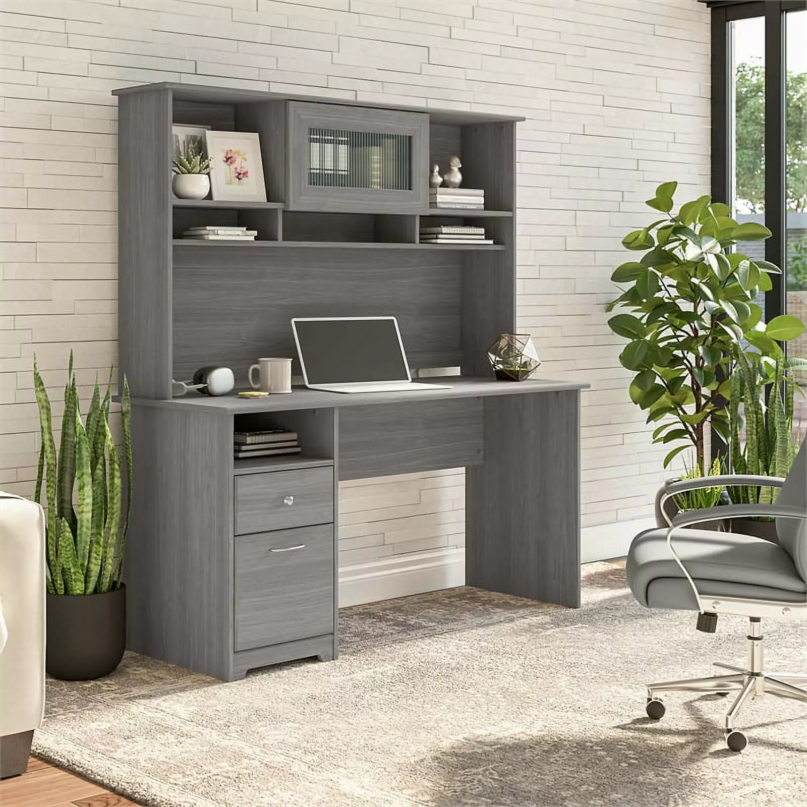 UrbanPro 60W Modern Gray Computer Desk Hutch Engineered Wood Home Office