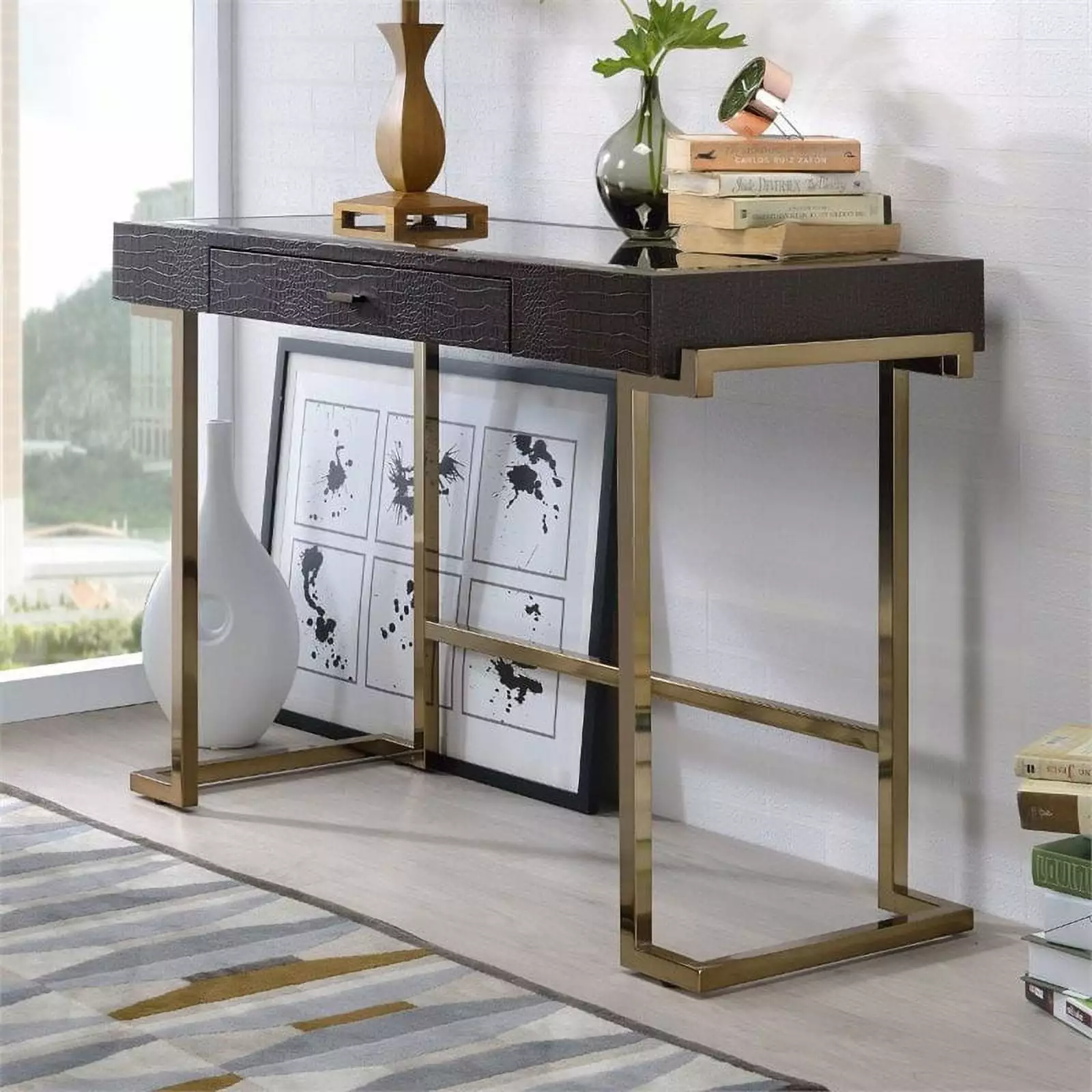 UrbanPro Espresso PU and Champagne Home Office Desk - Contemporary Style