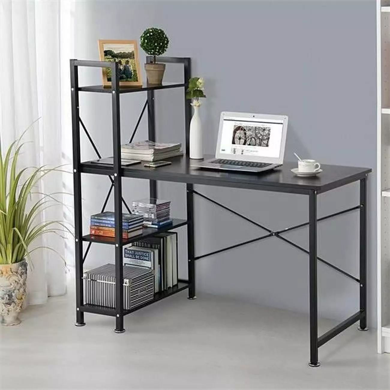 Utopia Alley Modern Style Computer Desk 4 Tier Attached Book Shelf Black