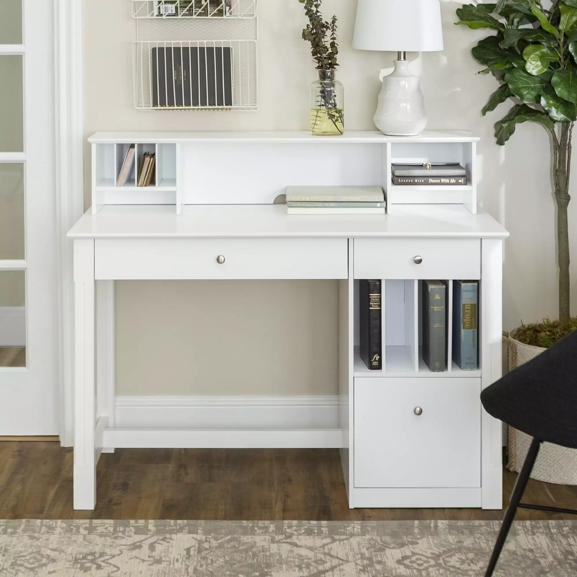 Walker Edison Deluxe White Wood Computer Desk Hutch