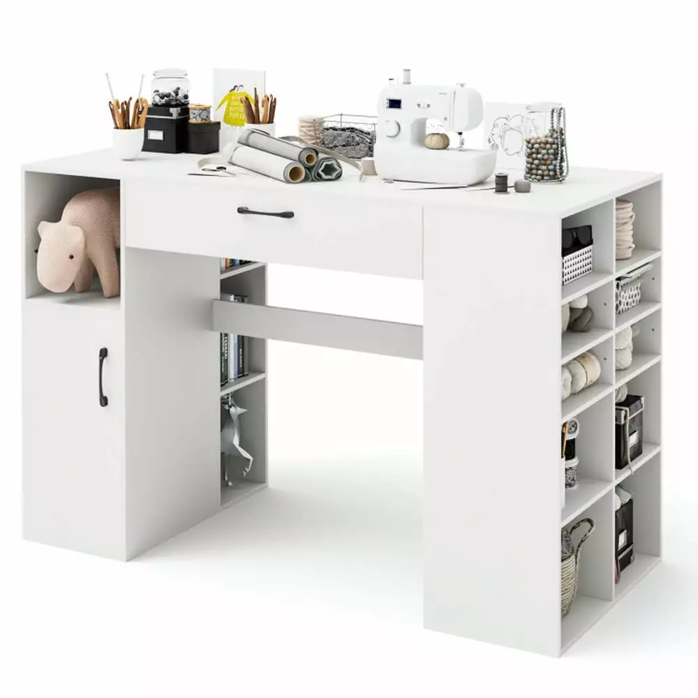 Yardi Yard Counter Height Sewing Craft Table Computer Desk Adjustable Shelves and Drawer White