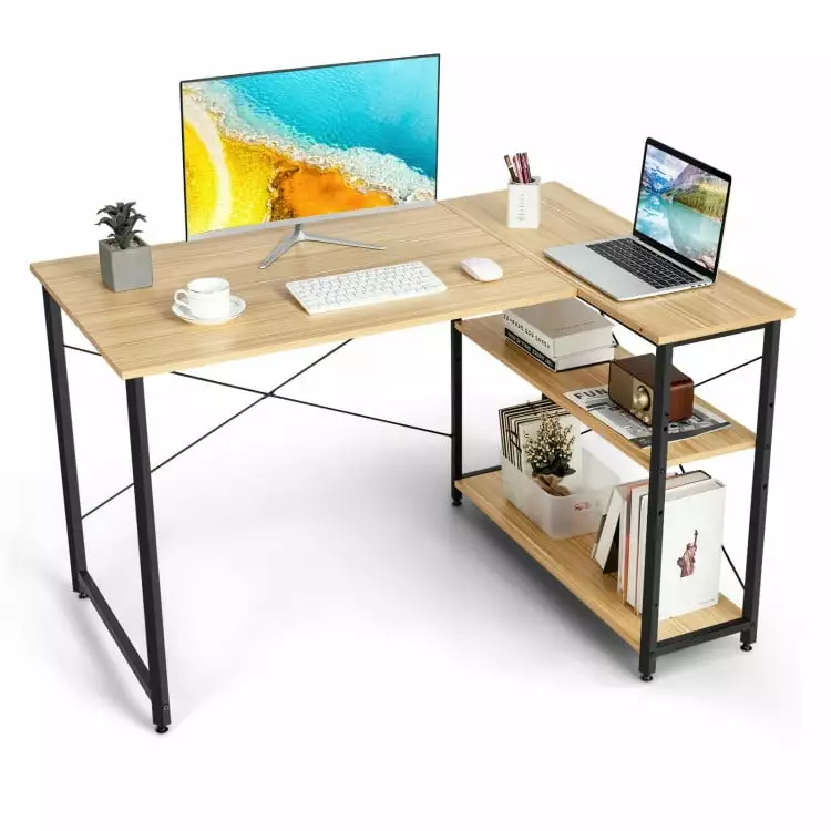 Yardi Yard 48 Inch Reversible L Shaped Computer Desk Adjustable Shelf Natural Gaming Study Desk