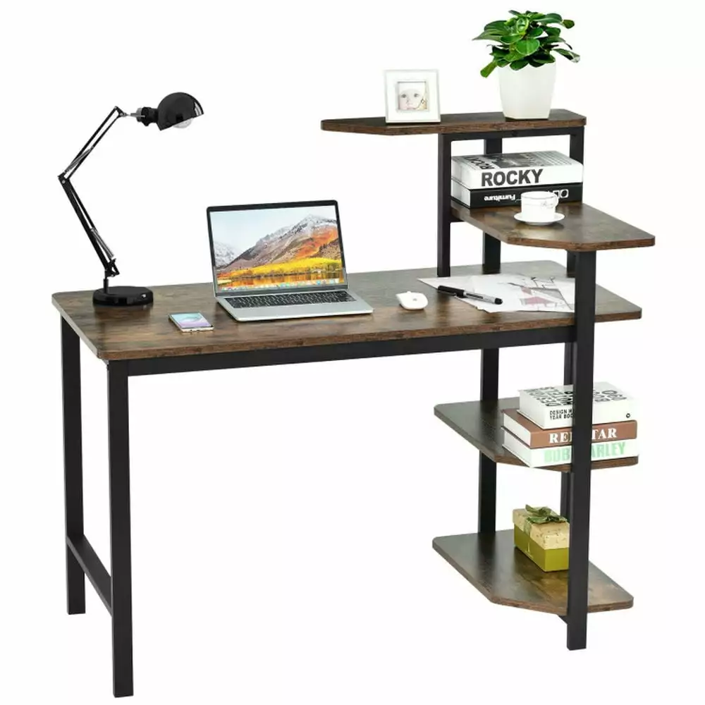 Yardi Yard Rustic Brown Computer Desk Storage Shelves Home Office Writing Study Gaming Table