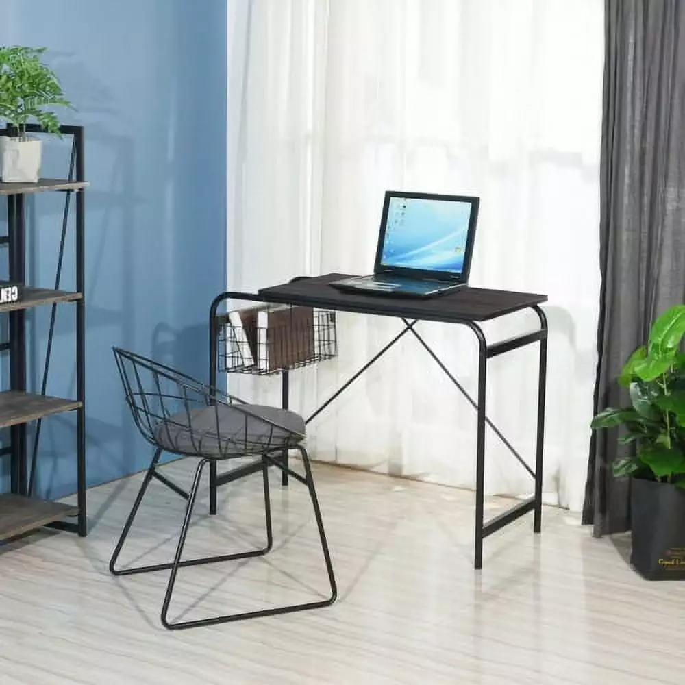 YASI 31.5 Computer Desk Home Office Desk Wire Storage Basket Walnut and Black