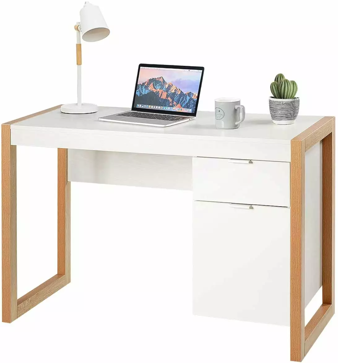 YOJFOTOOU White Desk Drawer & Cabinet Wooden Home Office PC Laptop Workstation Study Desk
