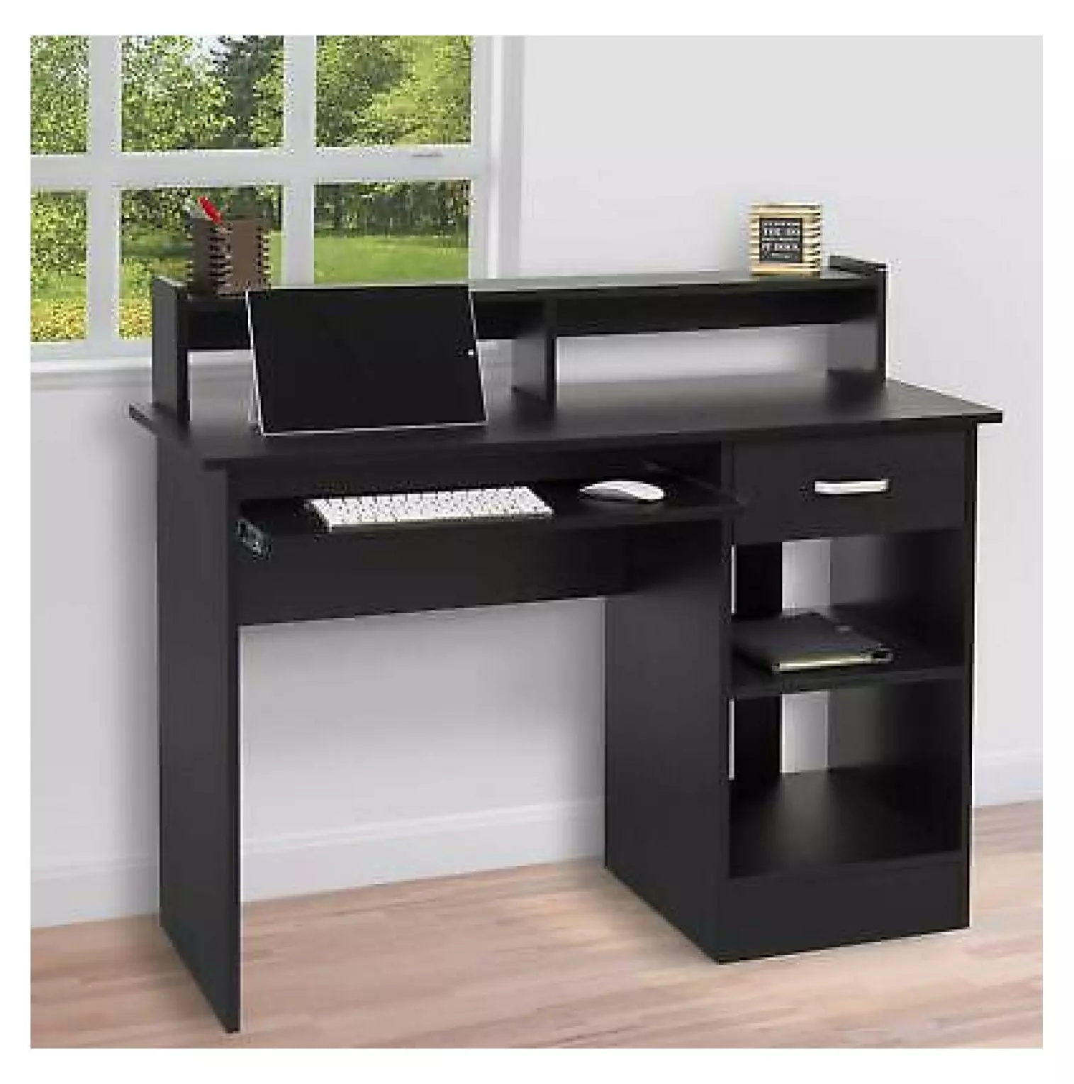 Yunhouse Home Office Computer Desk Workstation Wood Laptop Table Drawer Shelf Black