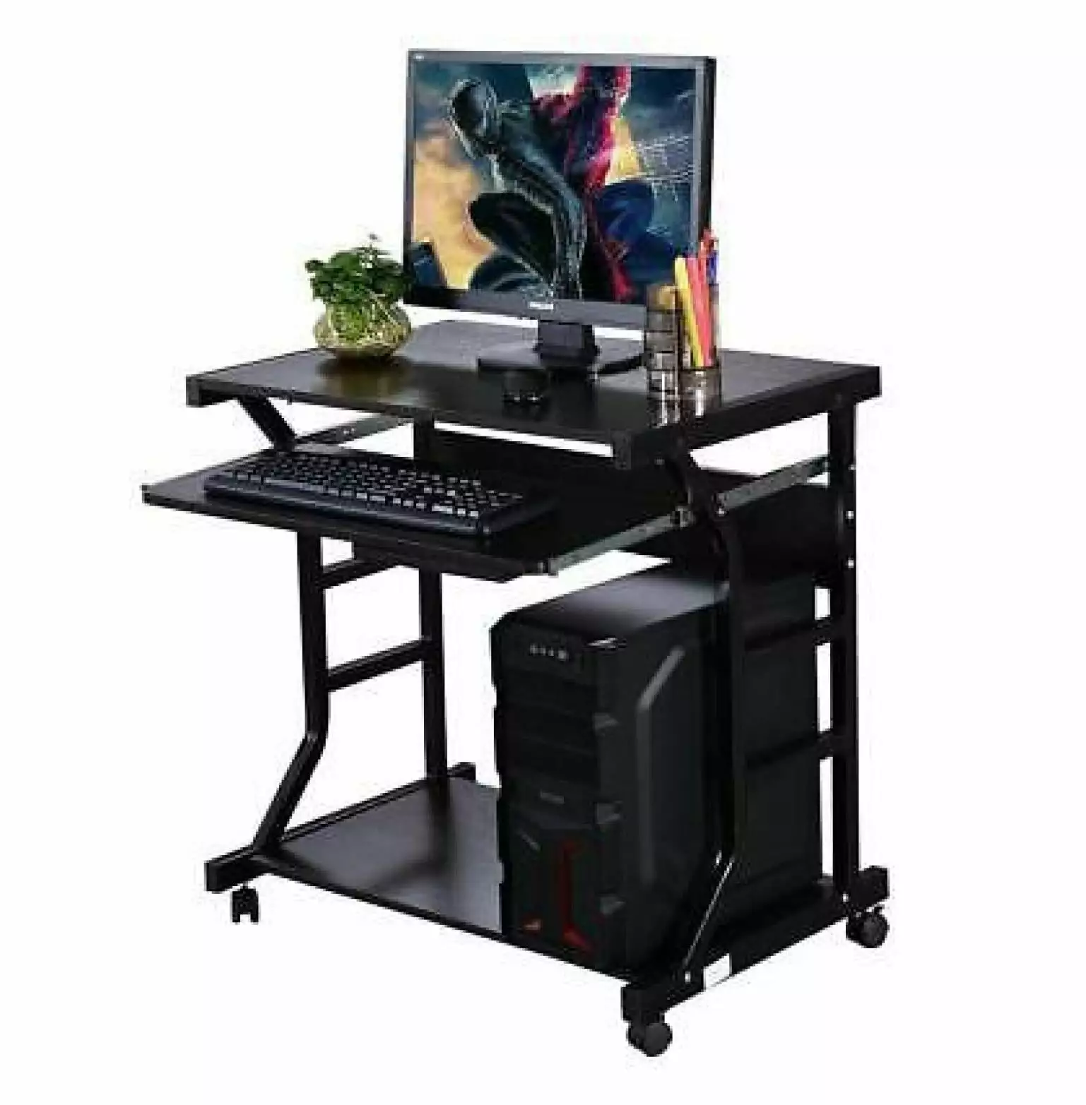 Yunwen Rolling Computer Desk PC Laptop Tempered Glass Table Workstation Home