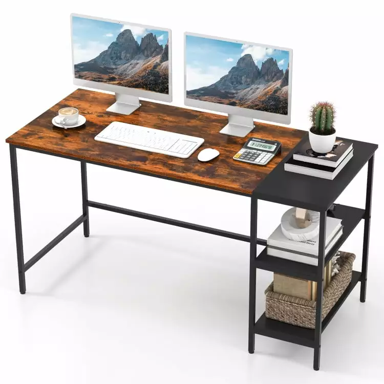 YYAo 55 Inch Modern Industrial Style Computer Desk Writing Table 2 Storage Shelves Brown