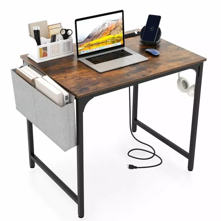 YYAo 32 Inch Rustic Brown Computer Desk Charging Station Storage Bag and Headphone Hook Home Office