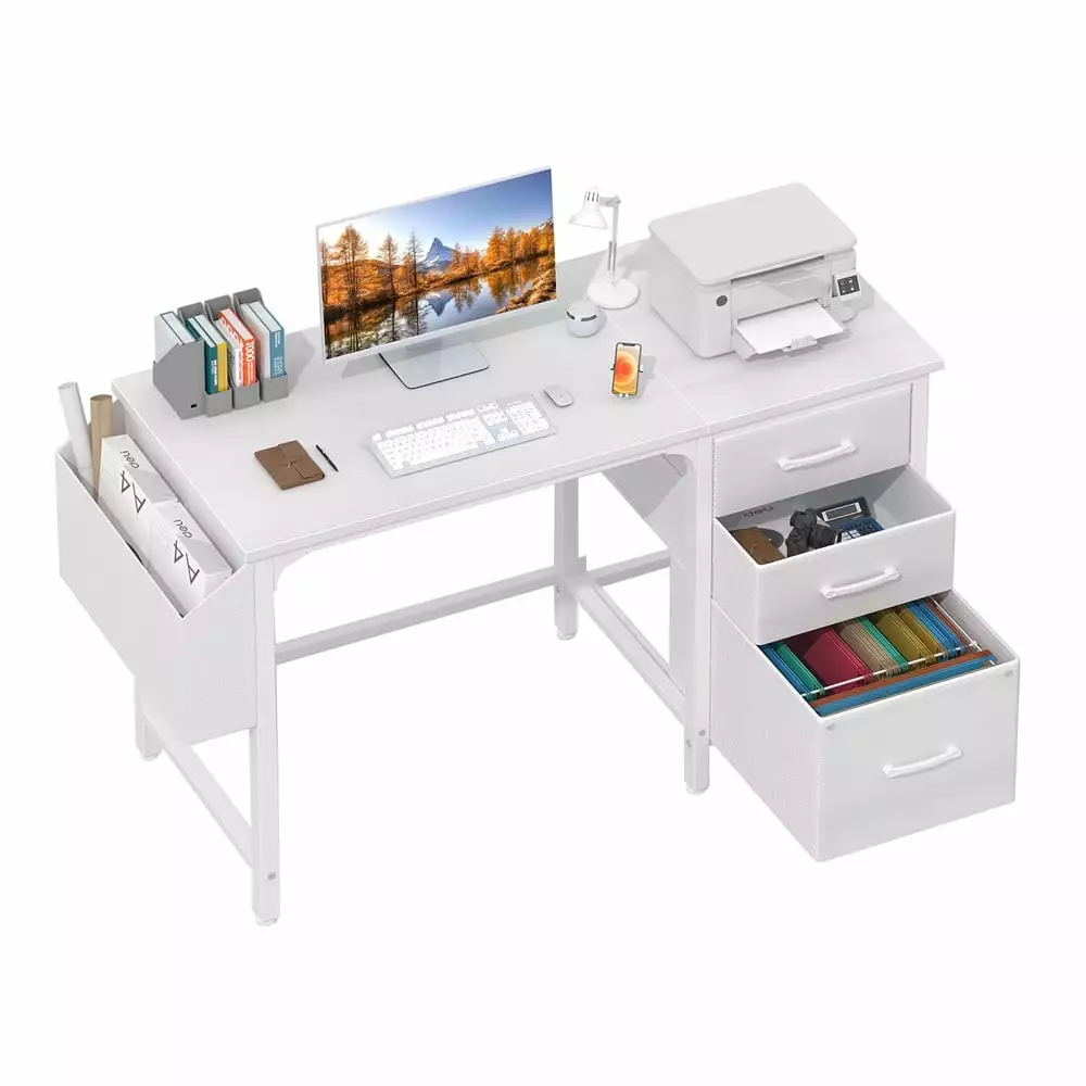 Modern 47 Inch White Writing Table Computer Desk Fabric Filing Cabinet and File Drawers ZSHLWM