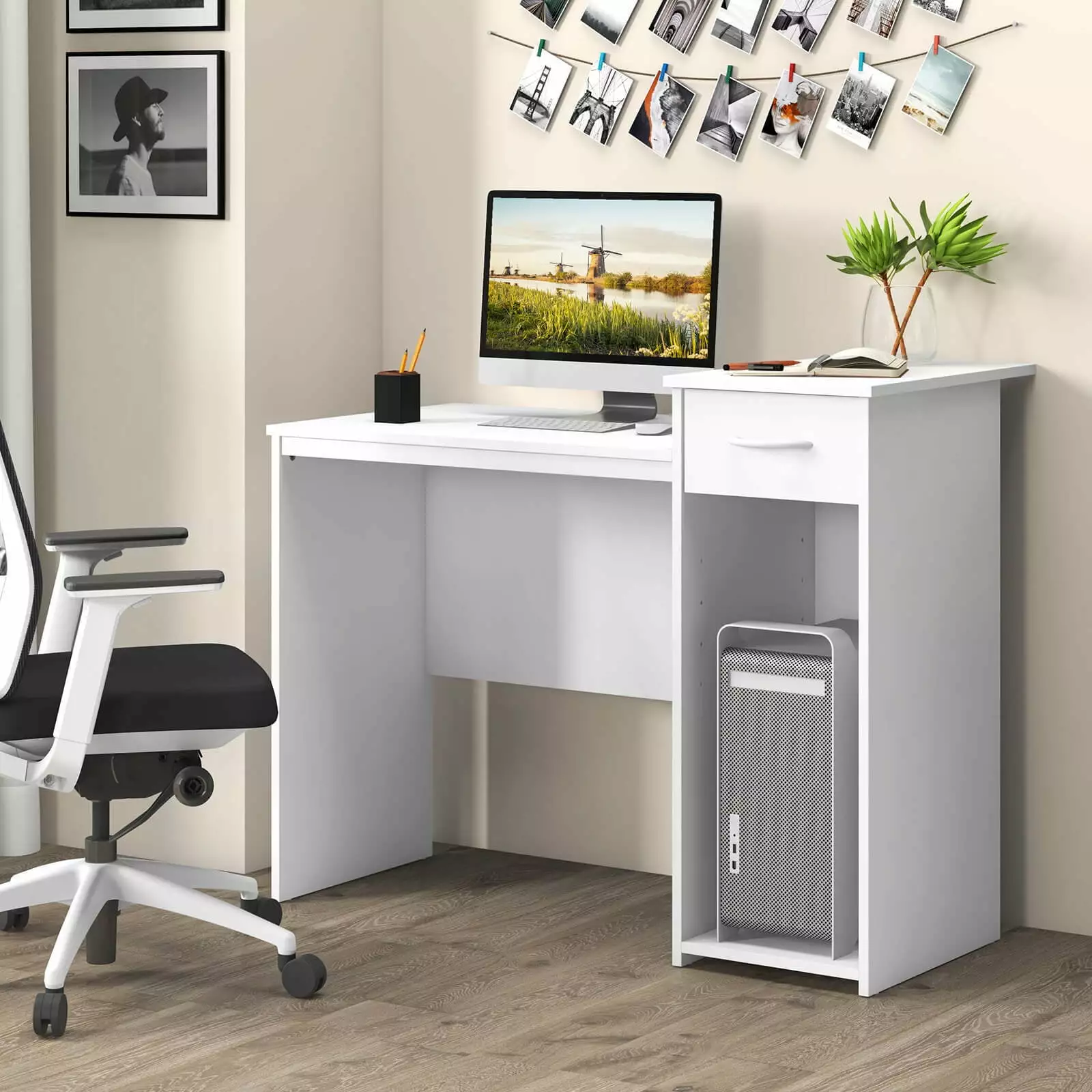 Laicejoy Home Office Computer Desk Modern Computer Workstation Printer Shelf PC Table Writing Desk Cable Hole White