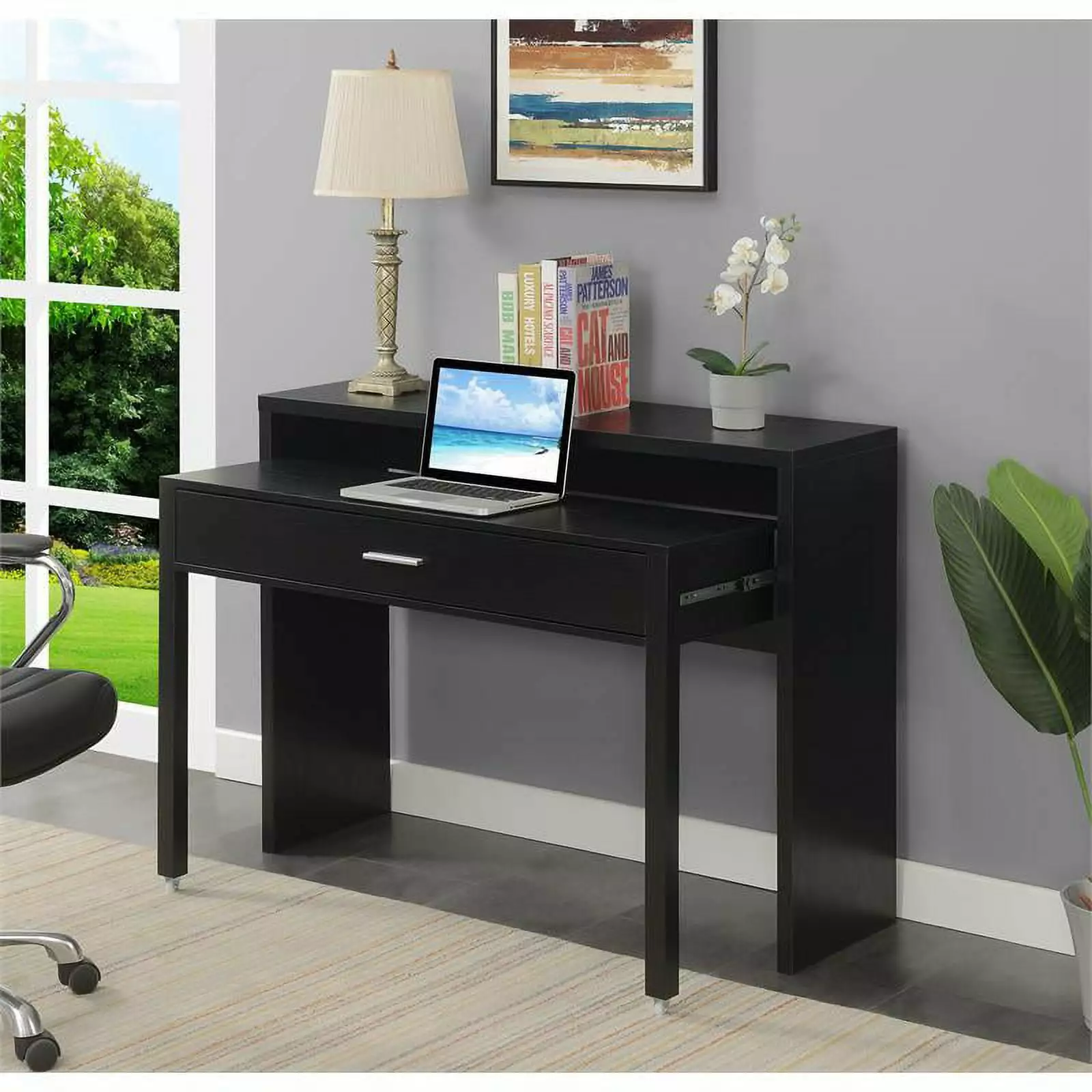 UrbanPro Modern Console Sliding Desk Drawer and Riser Black Wood Finish Home Office