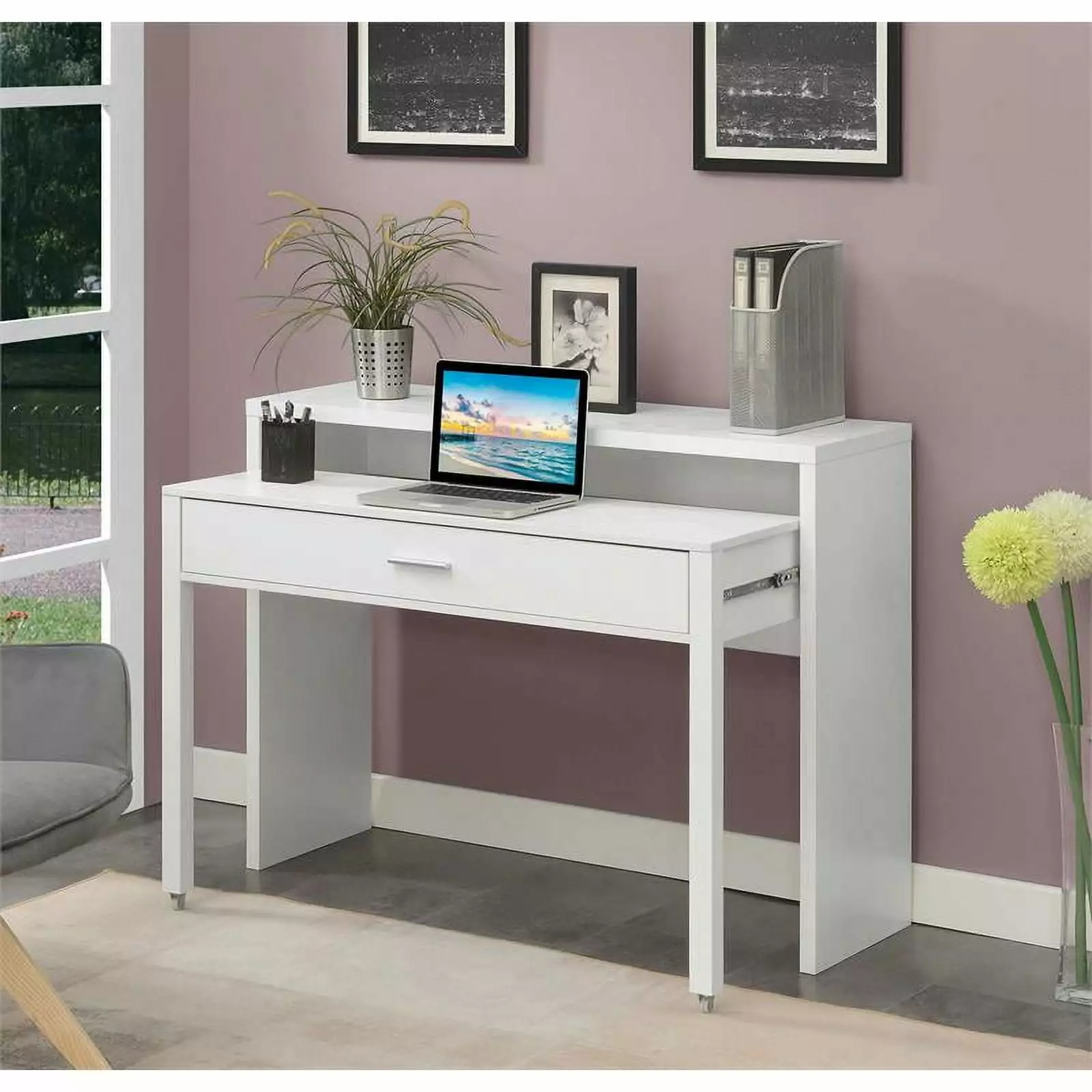 UrbanPro Modern White Wood Console Sliding Desk Drawer and Riser