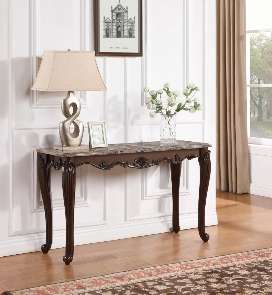 Nayla Sofa Table Natural Marble Top Cherry Finish Modern Console acme onsite store