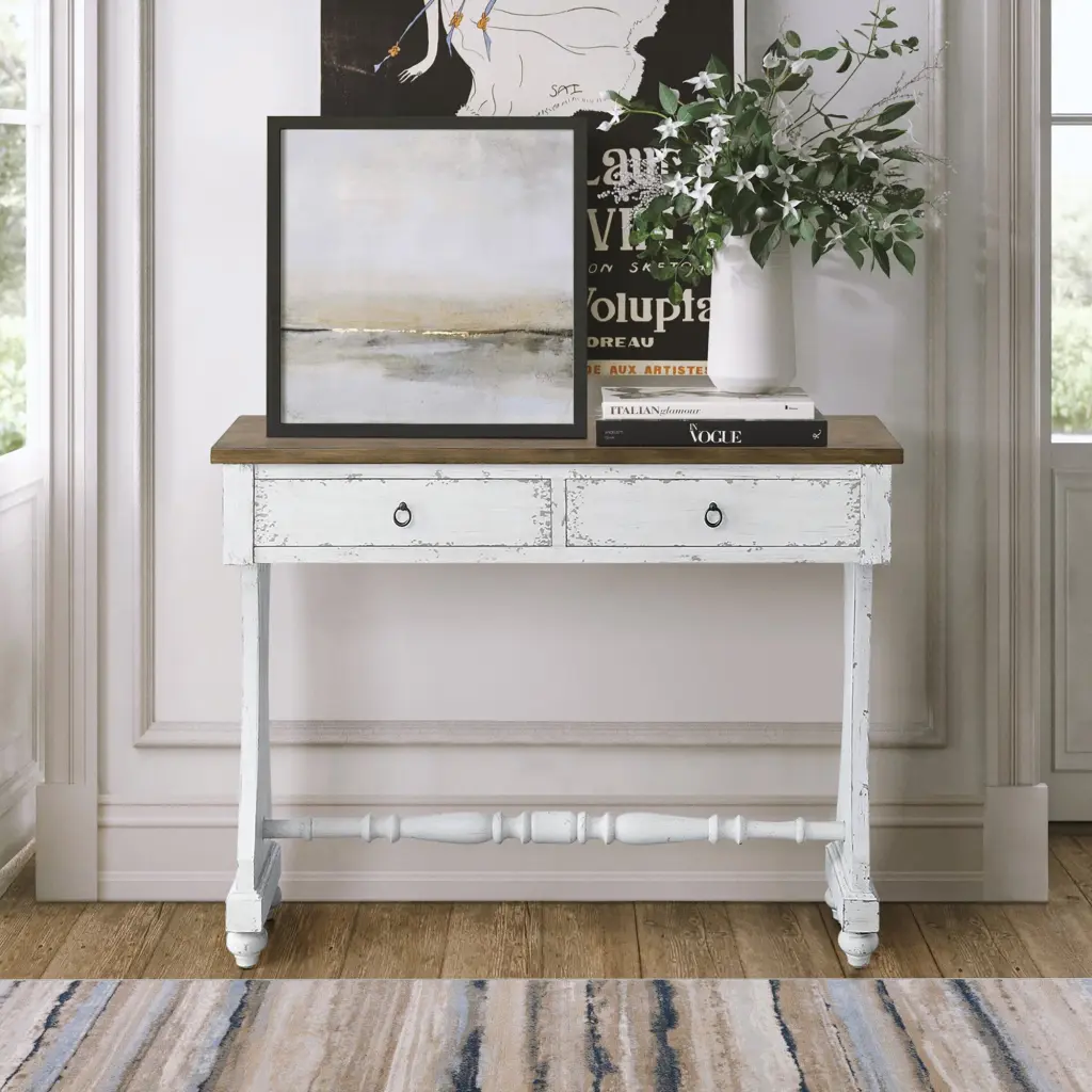Antique White 2 Drawer Console Table Rubber Wood Entryway Sofa Table Living Room furniture max