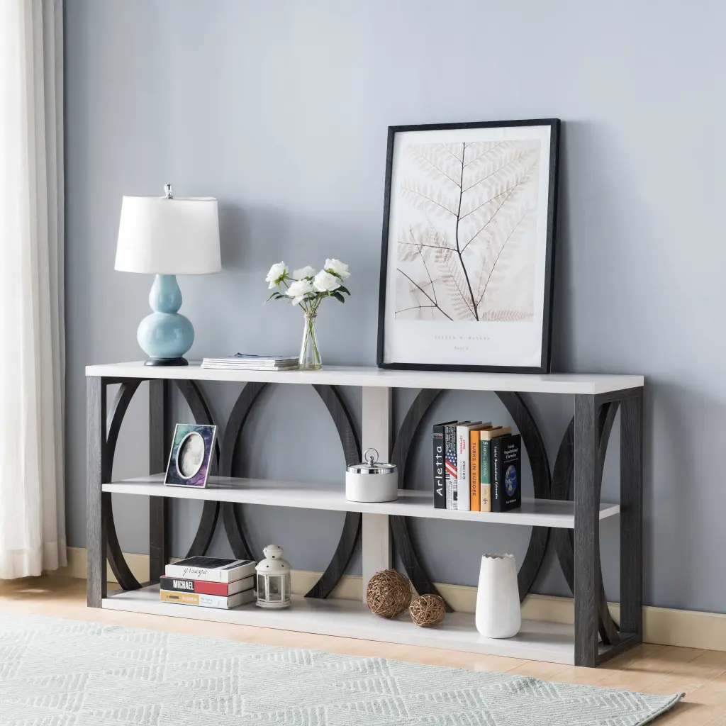 Modern Console Table Three Open Shelves Grey and White White Oak Finish id international- inc.