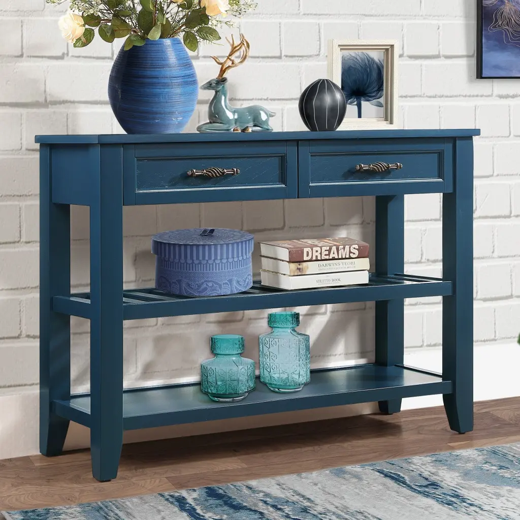 Console Sofa Table 2 Storage Drawers And 2 Tiers Shelves Mid Century Modern Design power growth furniture