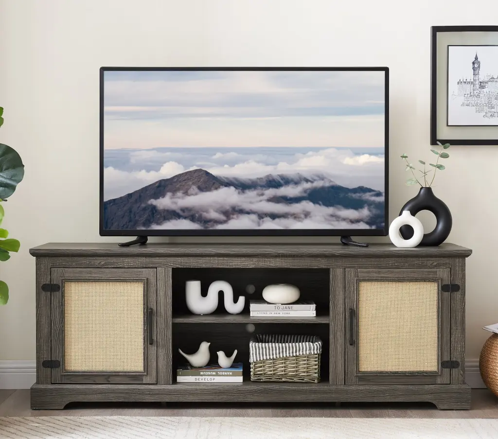 Farmhouse Rattan TV Stand Console Table TVs Up To 70 Inches Rustic Living Room Furniture rnb