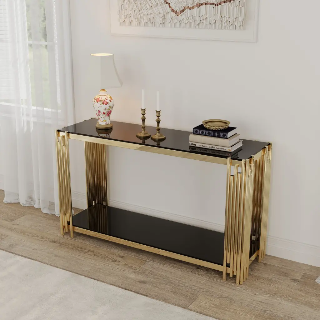 Modern Glass Console Table 55 Inch Gold Sofa Table Robust Metal Frame rnb