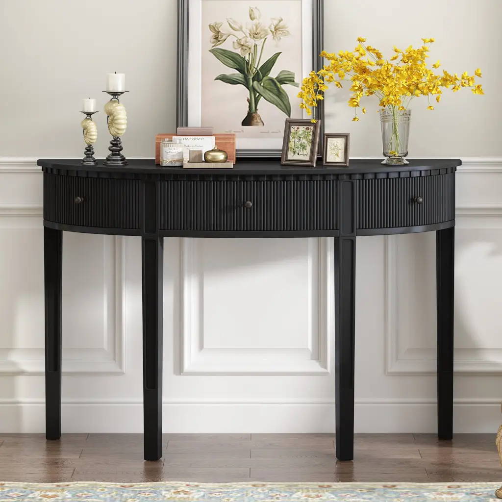 Distinctive Pine Veneer Console Table Vertical Stripe Design u_style