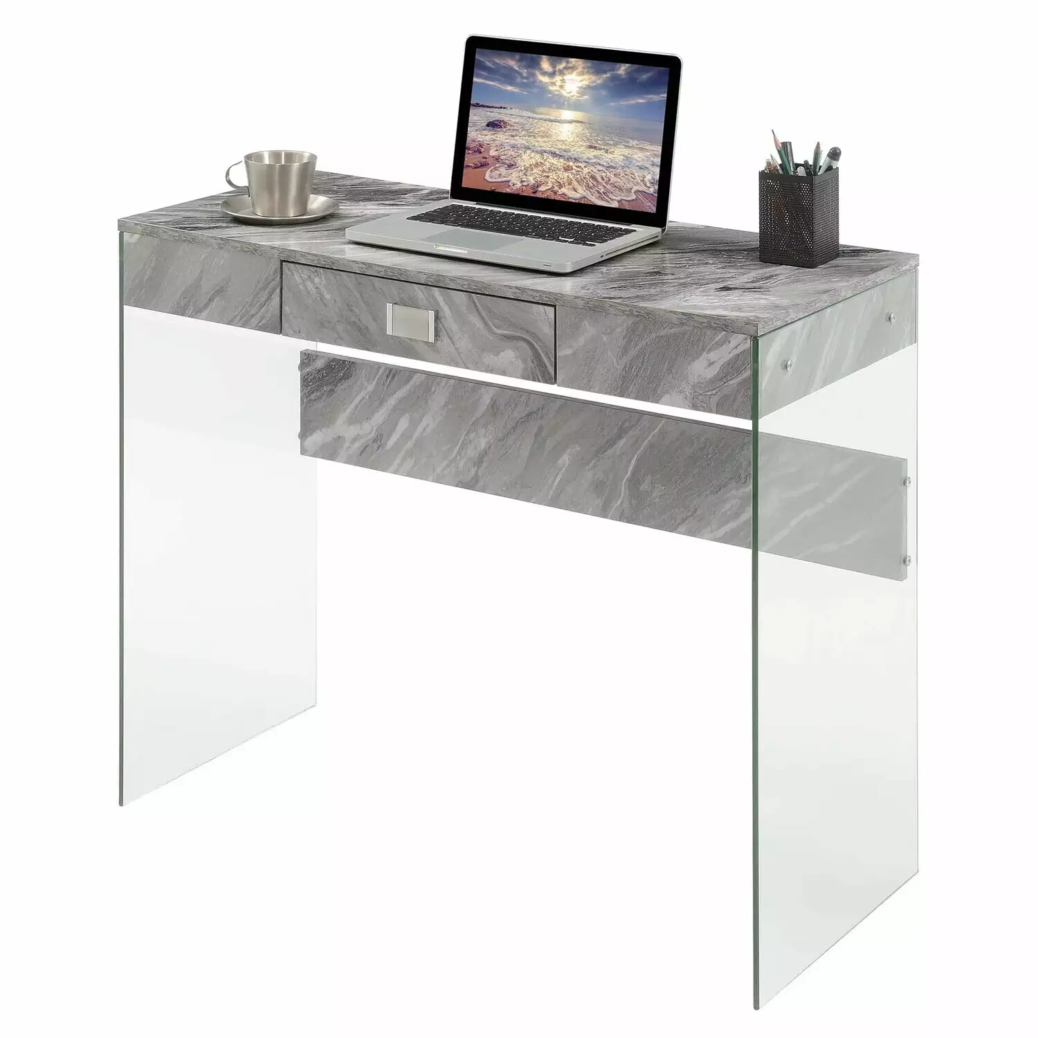 HomeStock Coastal Craftsman Chic Glass 36 Desk - Elegant Home Office Desk Glass Top