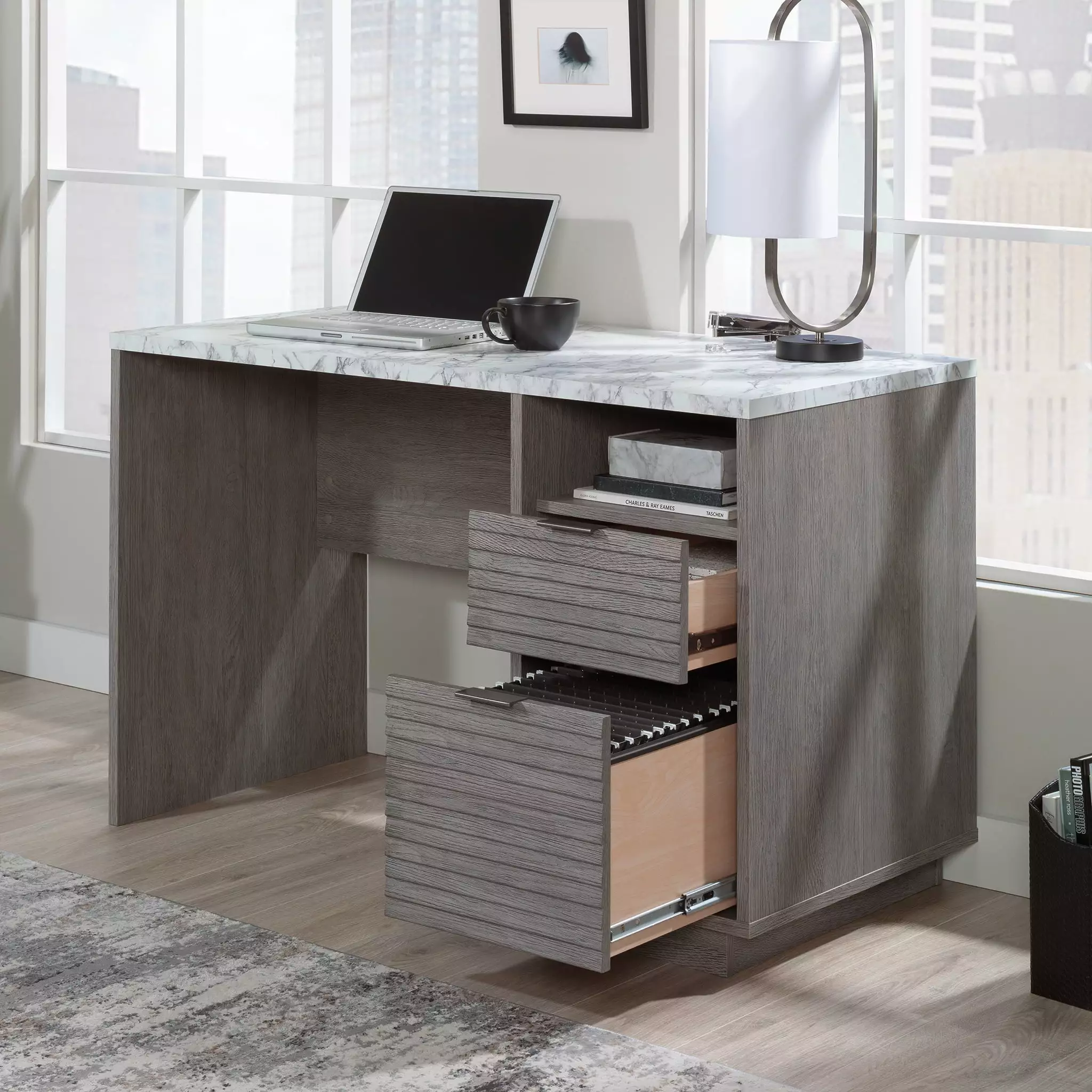 Sauder East Rock Contemporary Single Ped Desk Ashen Oak Finish