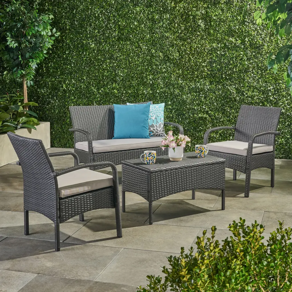 Cordoba KD Wicker 4 Piece Chat Set Grey PE Rattan Iron and Waterproof Fabric nh-kisa