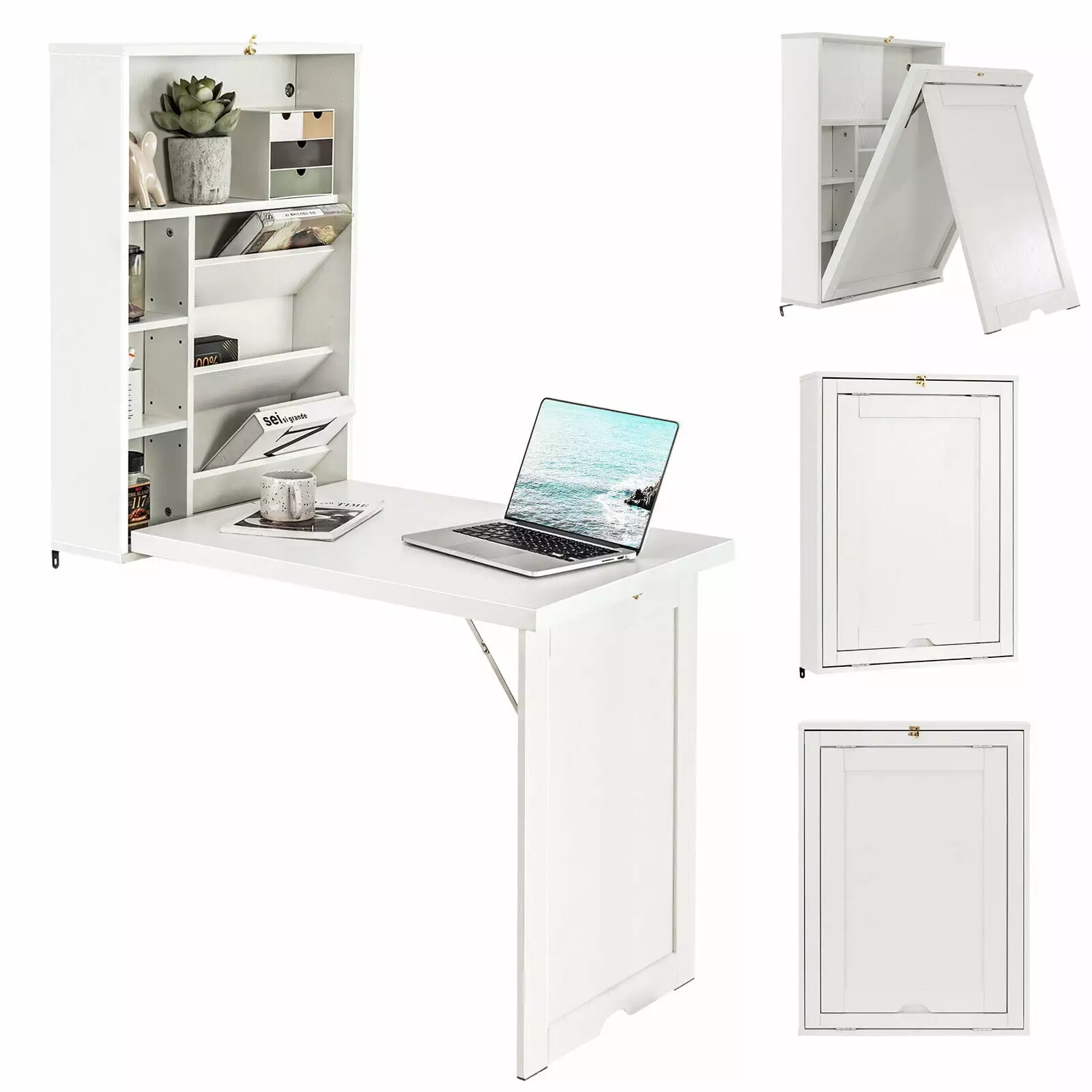 Gymax Wall Mounted Computer Convertible Desk Floating Desk Storage Bookcases White