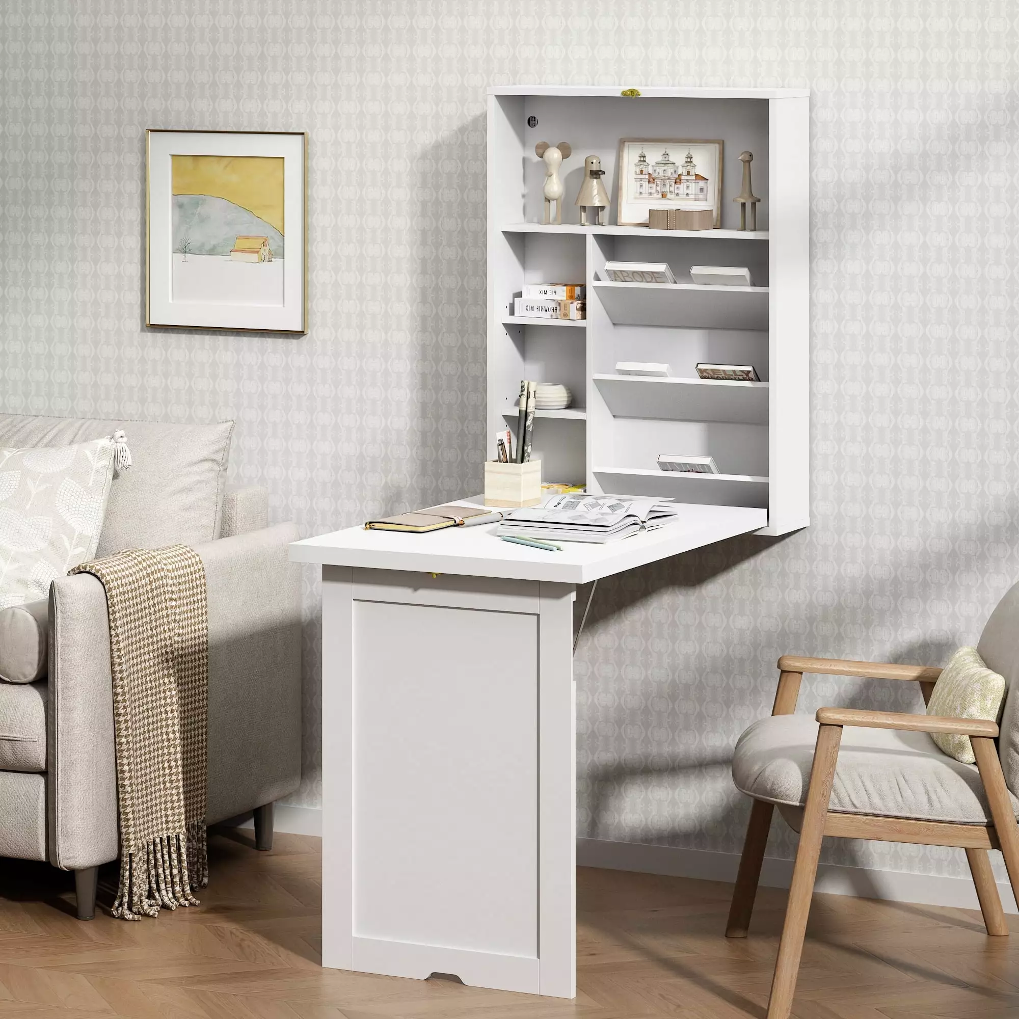 Jaxpety Convertible Desk Wood Floating Writing Desk Storage Shelves Bedroom Living Room Office